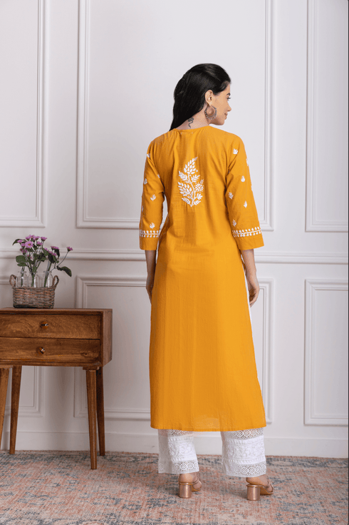 Fizaa Chikankari Kurti for Women With Pocket - Mustard
